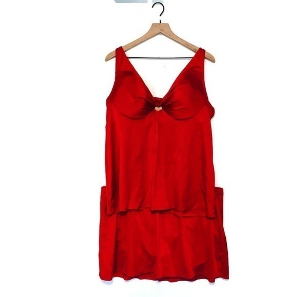 Cacique Swim Red Shiny Tankini Skort two Piece Swimsuit Skort Plus size 22 42C
